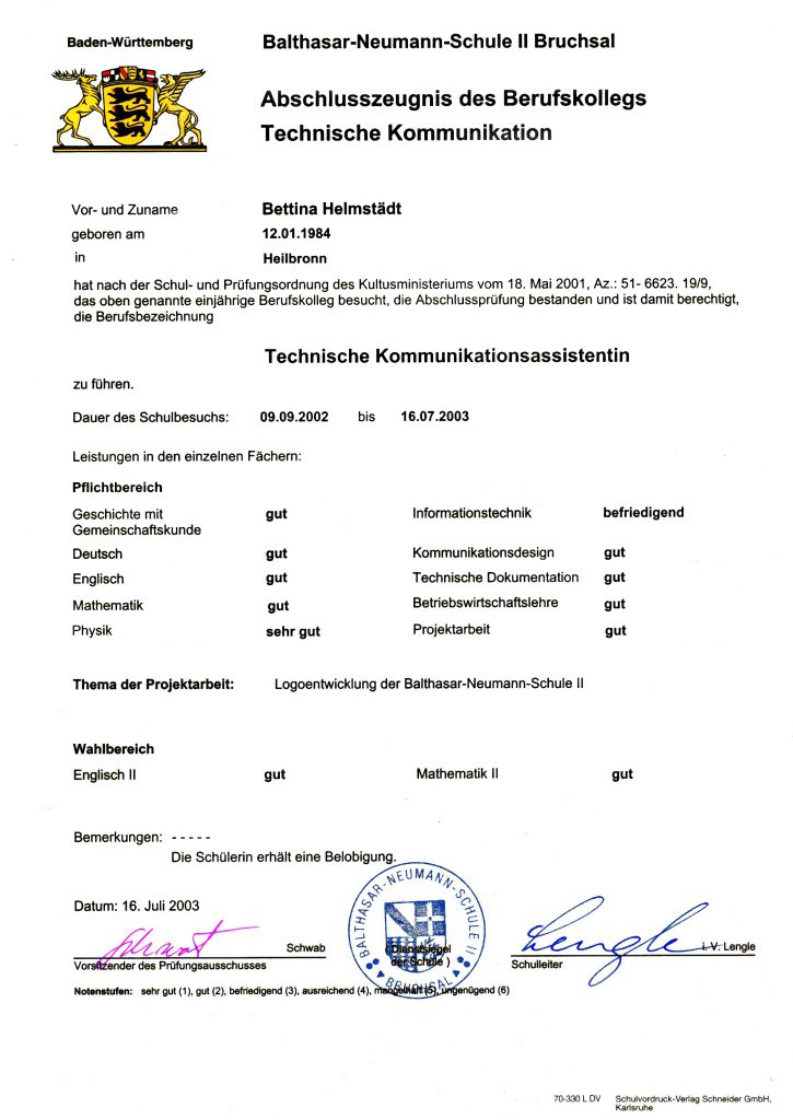 Zeugnis Technische Kommunikationsassistentin